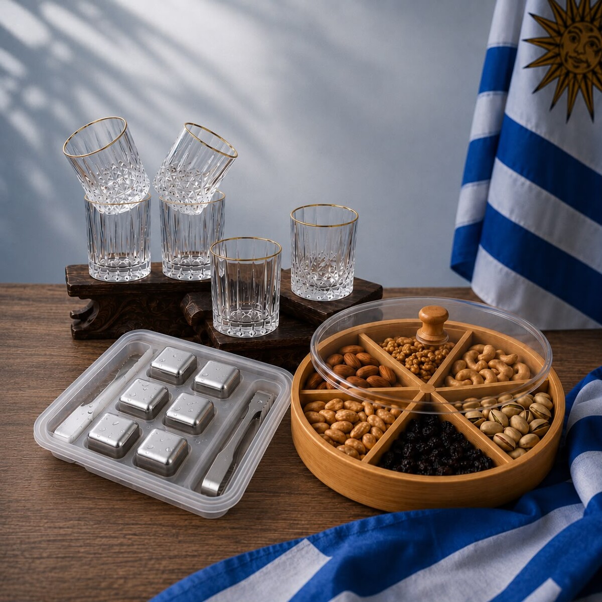 Combo Rochet Set de 6 Hielos, Pinza, Set de 6 Vasos para Whisky y Copetinero en Bambú con Tapa 