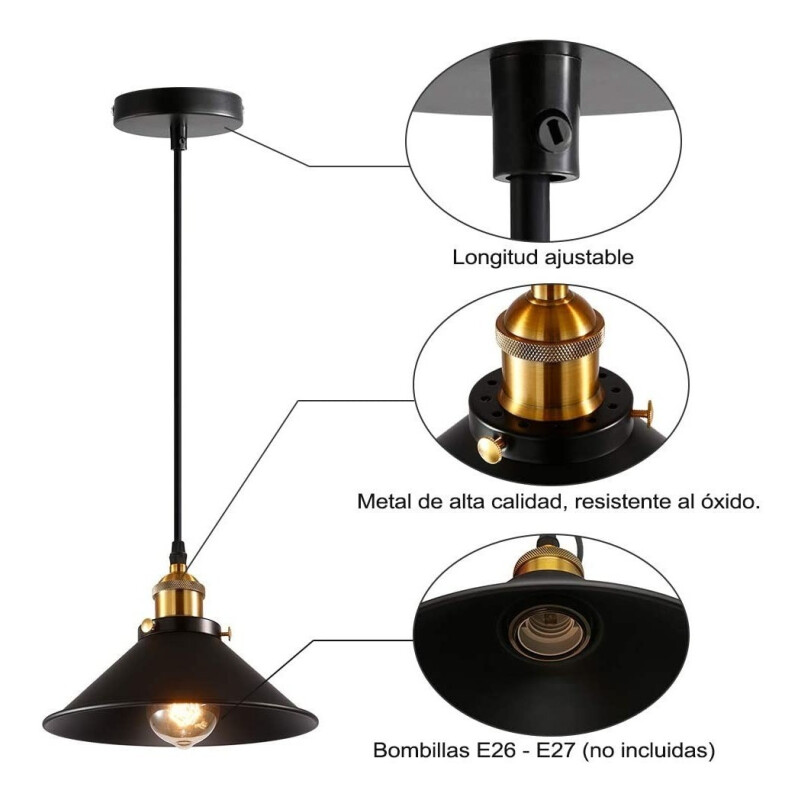 Lampara Colgante 22cm Metal Oro Vintage Industrial + Lampara Negro