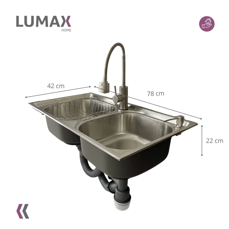 Pileta de cocina Lumax Acero Doble Canilla flexible 78x42 cm Plata