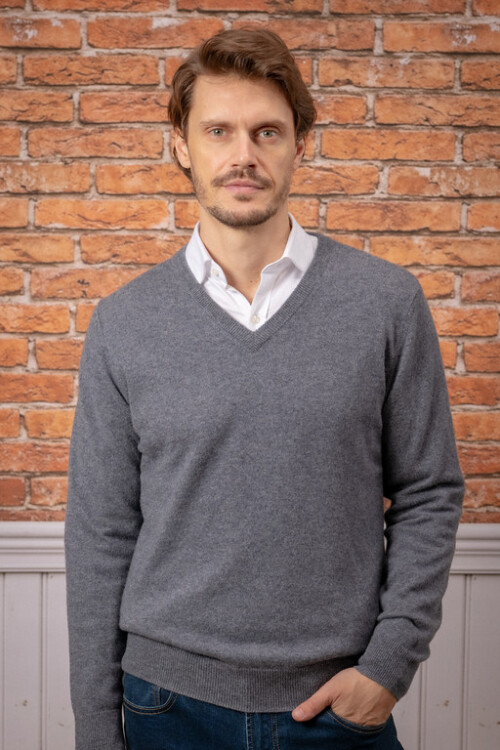 Sweater escote v cashmere Gris