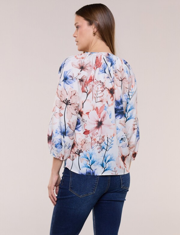 Blusa Gasa Escote V Manga 3/4 Abullonada MULTI/CRUDO