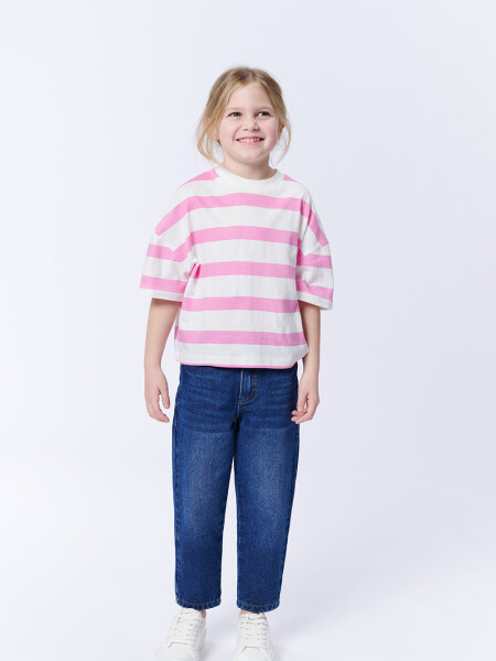 Remera Manga 3/4 Rayas Rosa Y Crudo