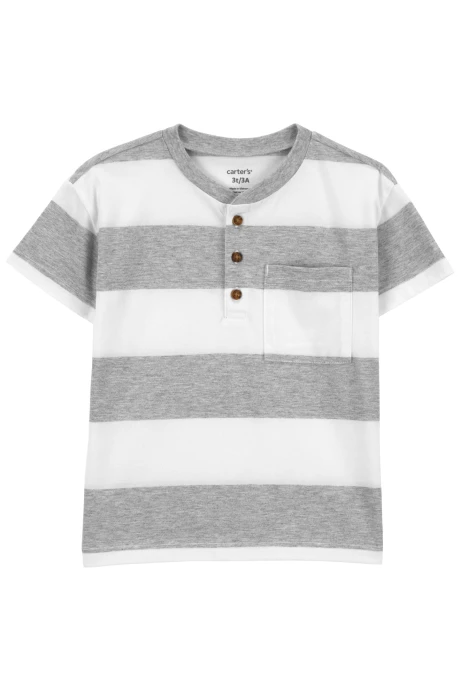 Remera henley de algodón, manga corta diseño a rayas Remera henley de algodón, manga corta diseño a rayas
