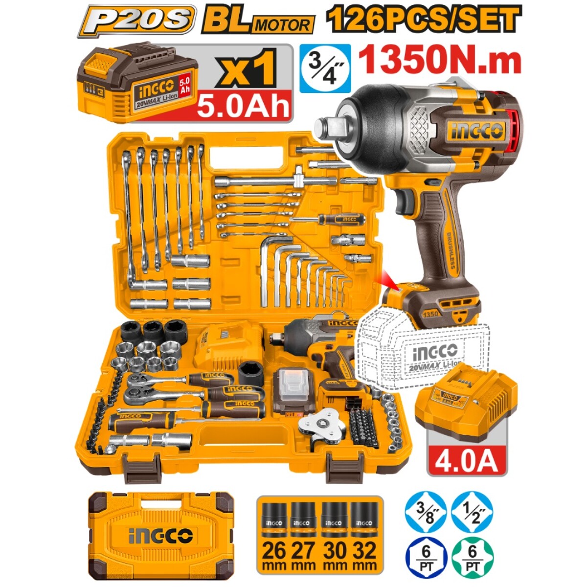 Set Llave De Impacto Ingco Hkthp31261 3/4” 20V Con Batería 