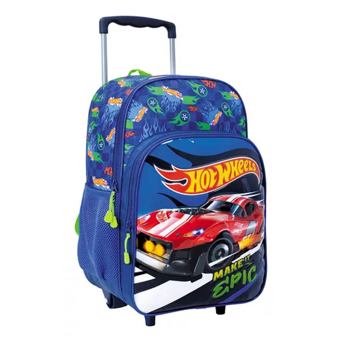Mochila Infantil Hot Wheels C/carro 40cm Rueditas - Azul 