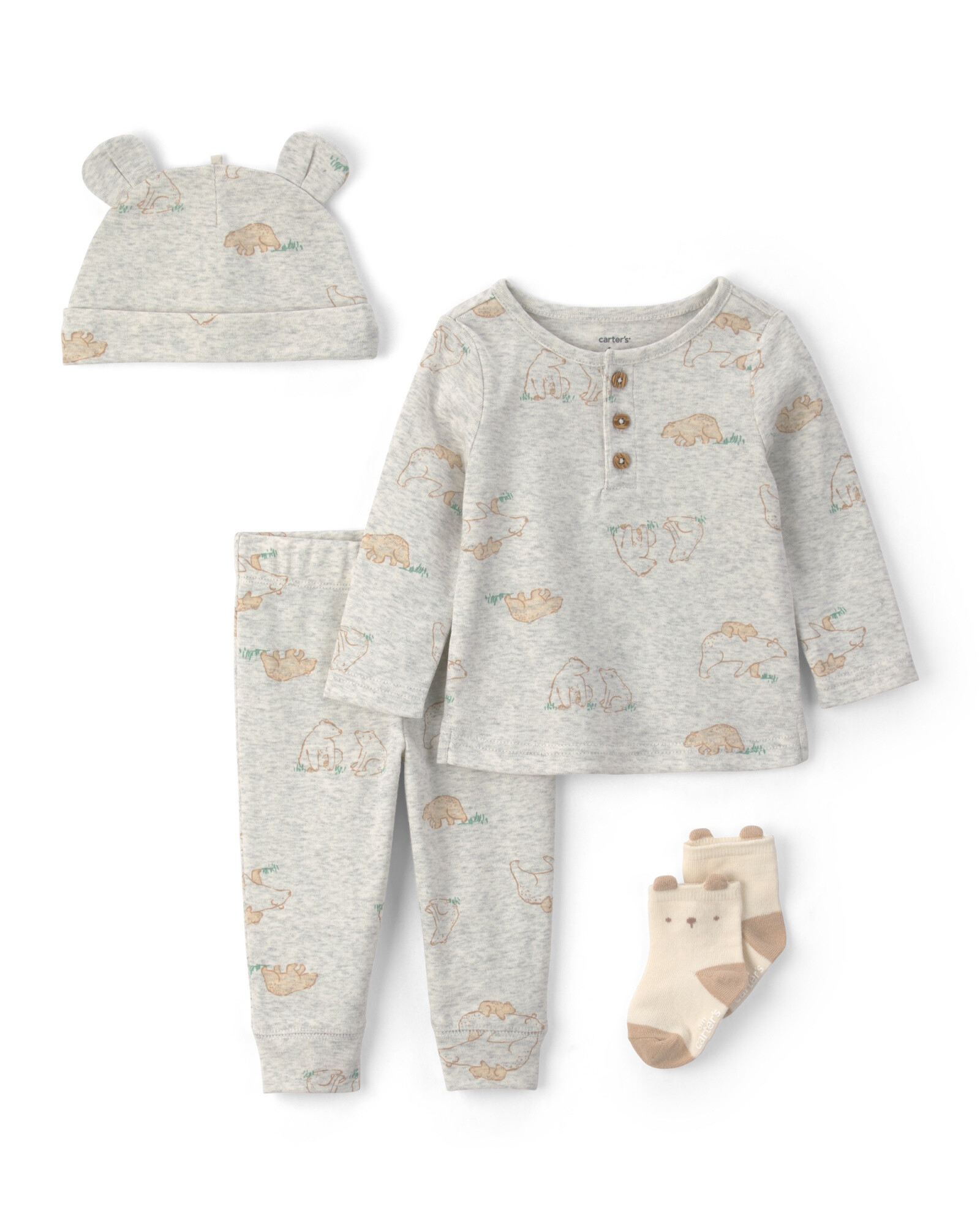 Set cuatro piezas de algodón, pantalón, remera, gorro y medias, gris, diseño oso Sin color