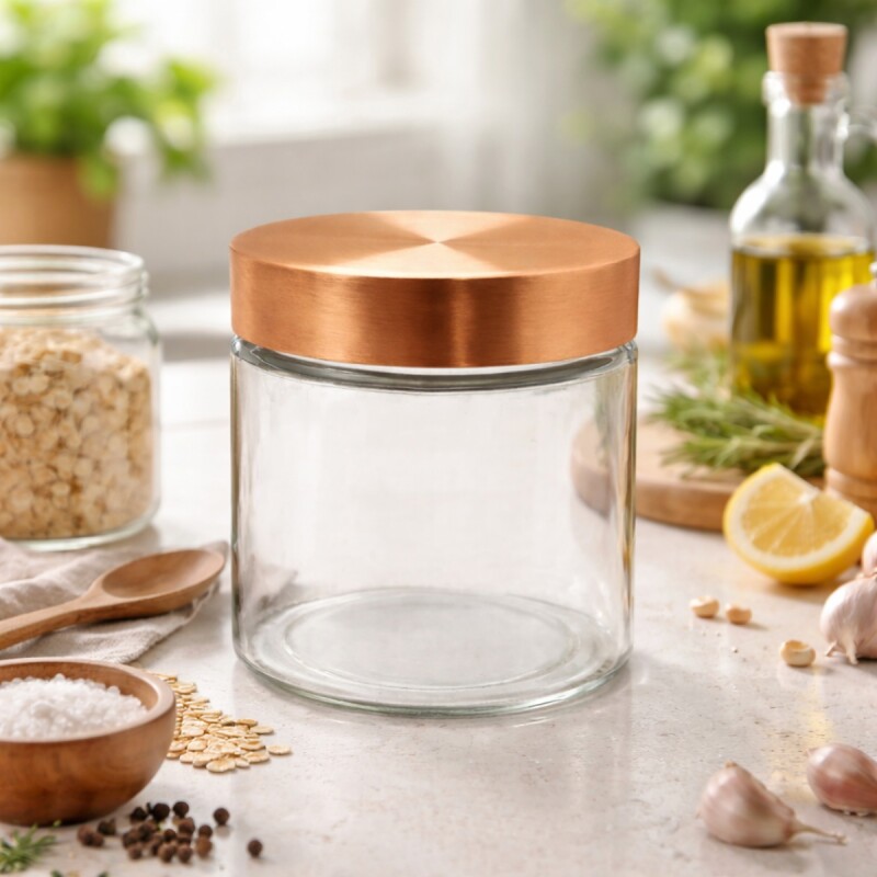 Frasco de vidrio cilíndrico con tapa 850 ml rosca cobre Cobre