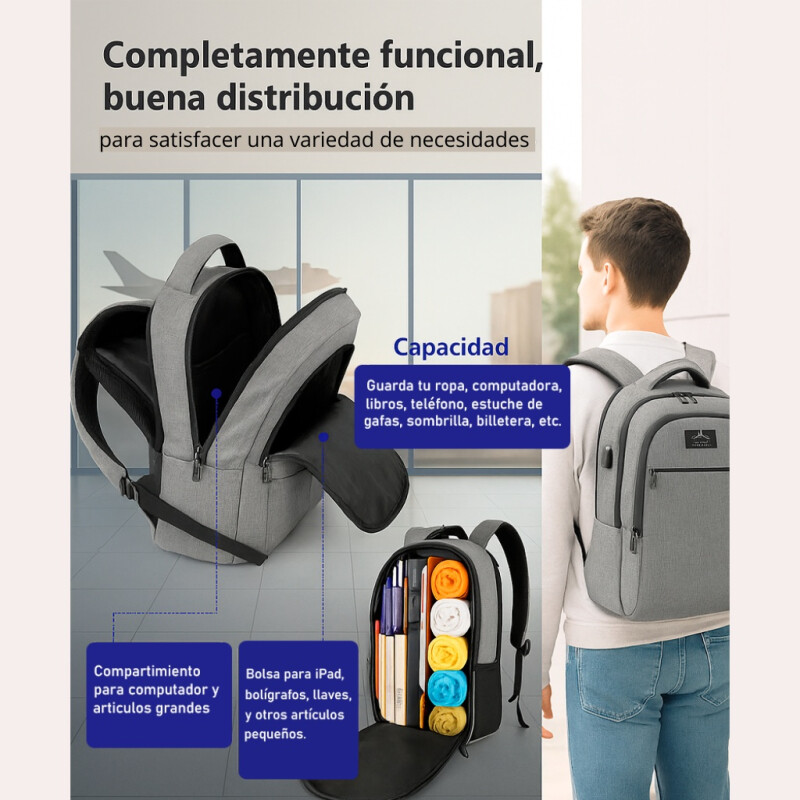 Mochila Urbana Viaje Antirrobo Notebook Matein 1007 28l Gris