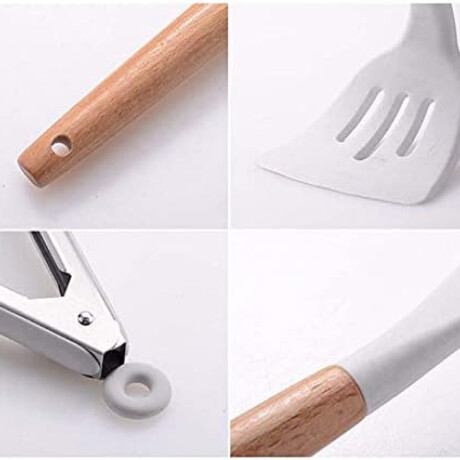 Set de utensilios de cocina 12 accesorios soporte bambú Blanco