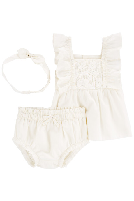 Set tres piezas de algodón, short, musculosa con encaje y vincha Sin color
