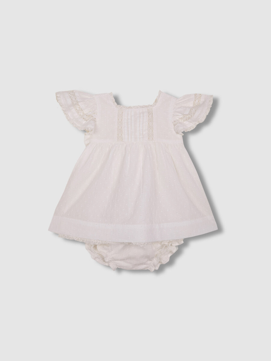 Vestido Con Jaretas Y Tiras Bordadas Blanco