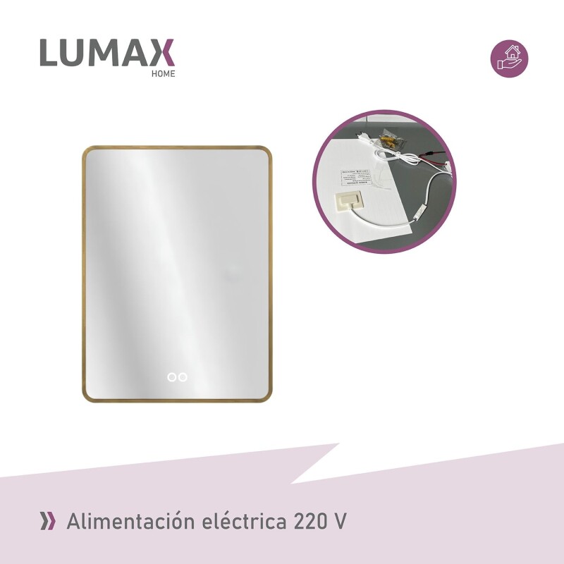 Espejo Vertical Lumax c/marco desempañador y Luz 90x70cm Dorado