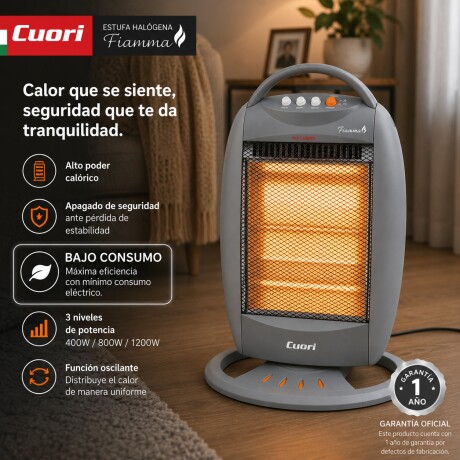 Estufa Halógena Eléctrica Cuori 1200W 3 Posiciones Gris