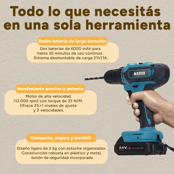 Taladro Atornillador Marvo Inalámbrico + 2 Baterías + Accs ® Color Negro