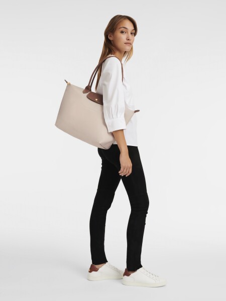 Longchamp -Cartera Longchamp plegable de nylon con cierre y asa larga, Le pliage L Marfil