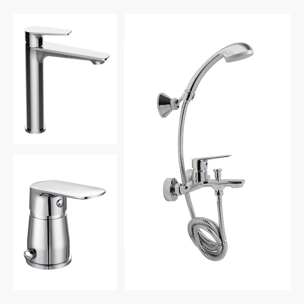 Juego Completo De Griferia Incluye Ducha Exterior, Lavatrio Alto Y Bidet Terminacion Cromo Linea Sprint 