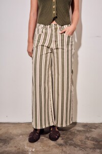Jean Wide Leg Rayado Oliva Y Crema
