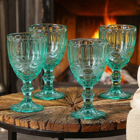 Juego De 6 Copas Vidrio Labrado Turquesa 300ML Juego De 6 Copas Vidrio Labrado Turquesa 300ML