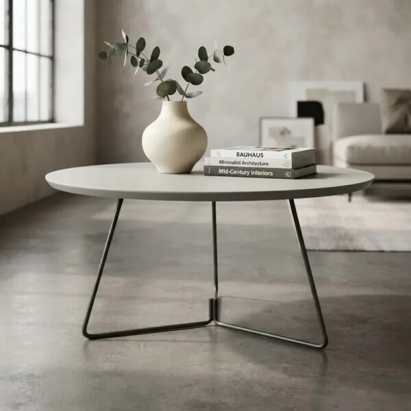MESA DE CENTRO REDONDA - MADERA BLANCA Y PIE EN METAL GRAFITO - 70cms MESA DE CENTRO REDONDA - MADERA BLANCA Y PIE EN METAL GRAFITO - 70cms