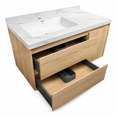 Mueble de baño suspendido Vip Oak 100cm mesada calacata con Bacha de Loza Mueble De Baño Suspendido Vip Oak 100cm Mesada Calacata Con Bacha De Loza