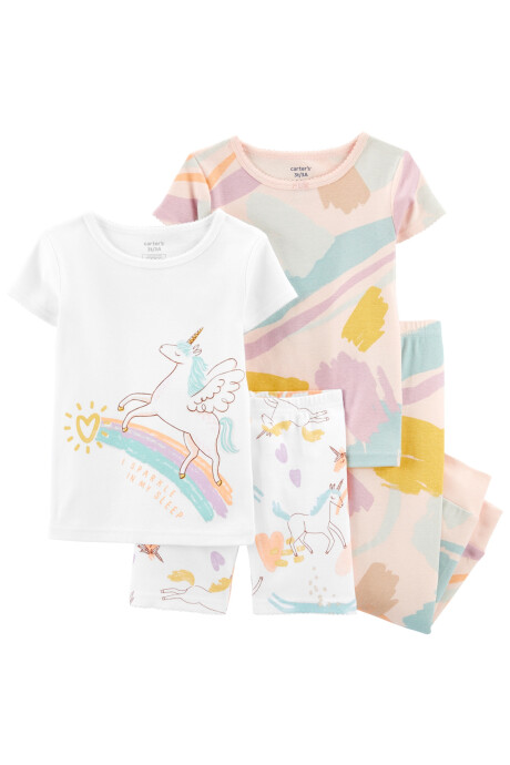 Pijama cuatro piezas de algodón dos remeras, pantalón y short. Talles 12-24M Sin color