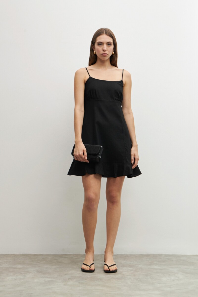 Vestido corto de lino con volado negro