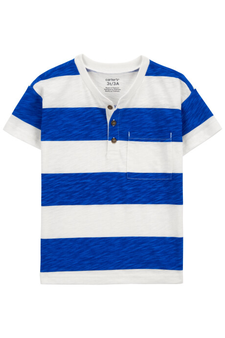Remera henley de algodón, manga corta diseño a rayas Sin color