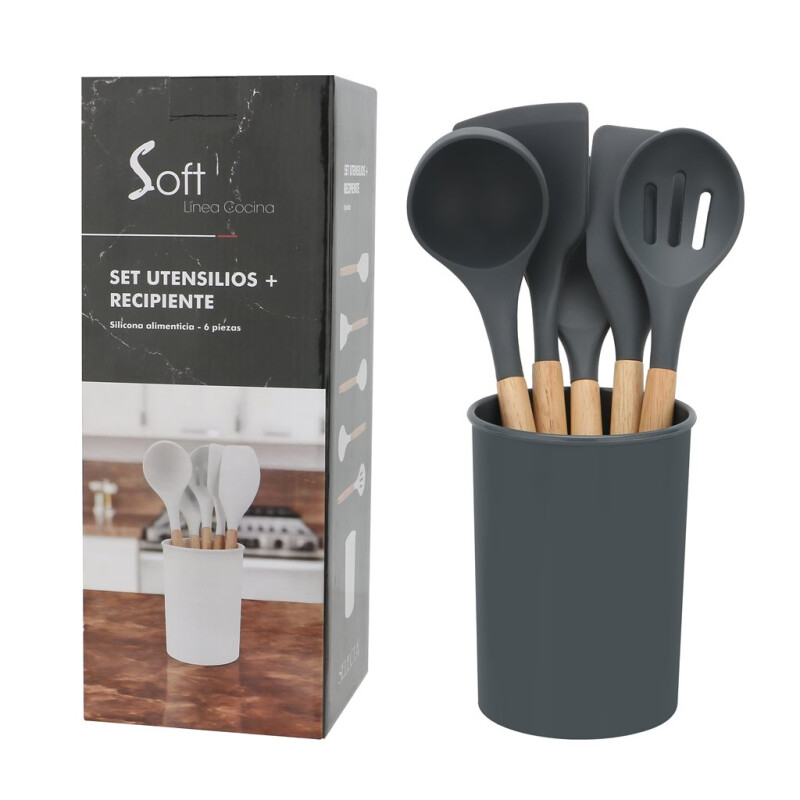 Utensilios para Cocina de Silicona y Mango de Madera 6 Piezas Gris