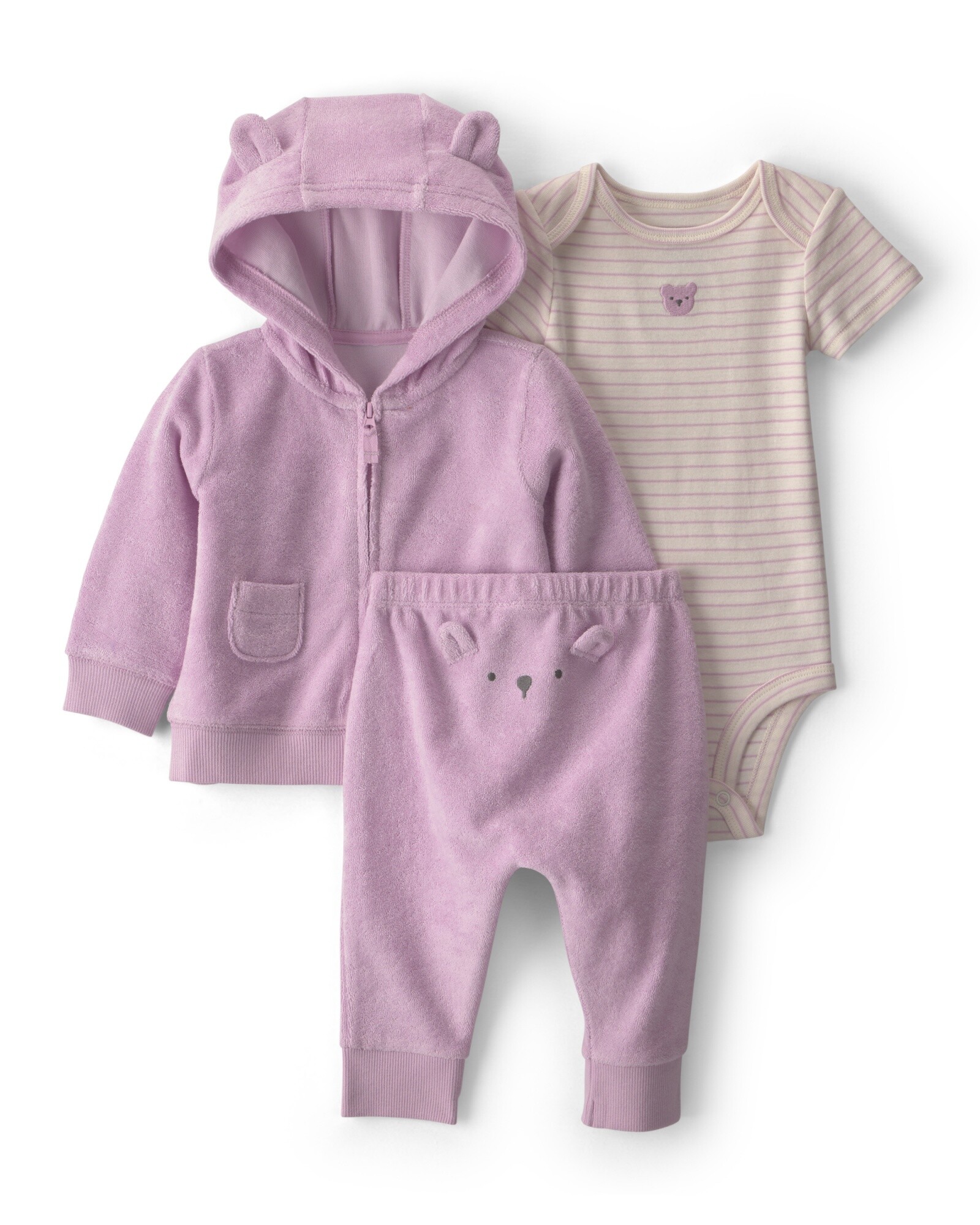 Set tres piezas de algodón, campera y pantalón de terry, más body, diseño oso Sin color