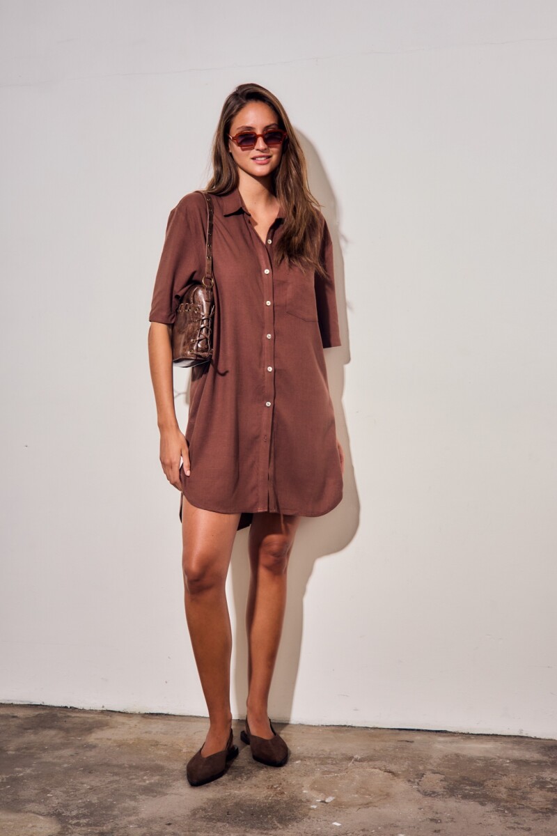 Vestido Camisero Con Lino Marron