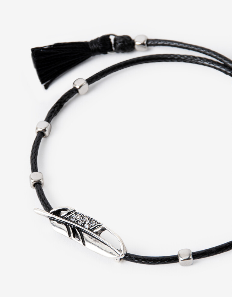 Pulseras Flexibles Folk Pulsera Ajustable Con Dije Pluma Y Strass Boho - Plateado Antique Silver
