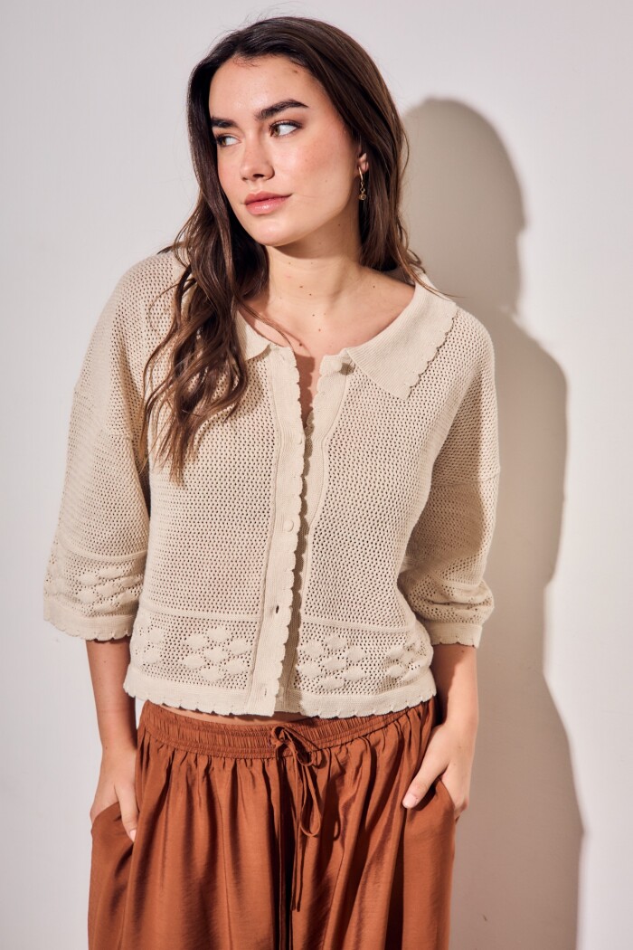 Cardigan Texturado Crochet Flores Beige Melange