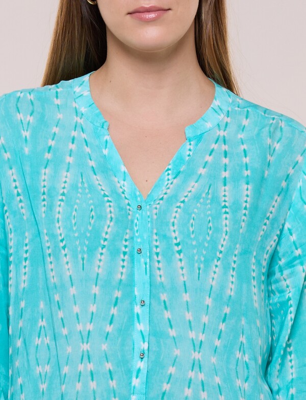 Blusa Estampada Con Escote En V Y Botones VERDE AGUA