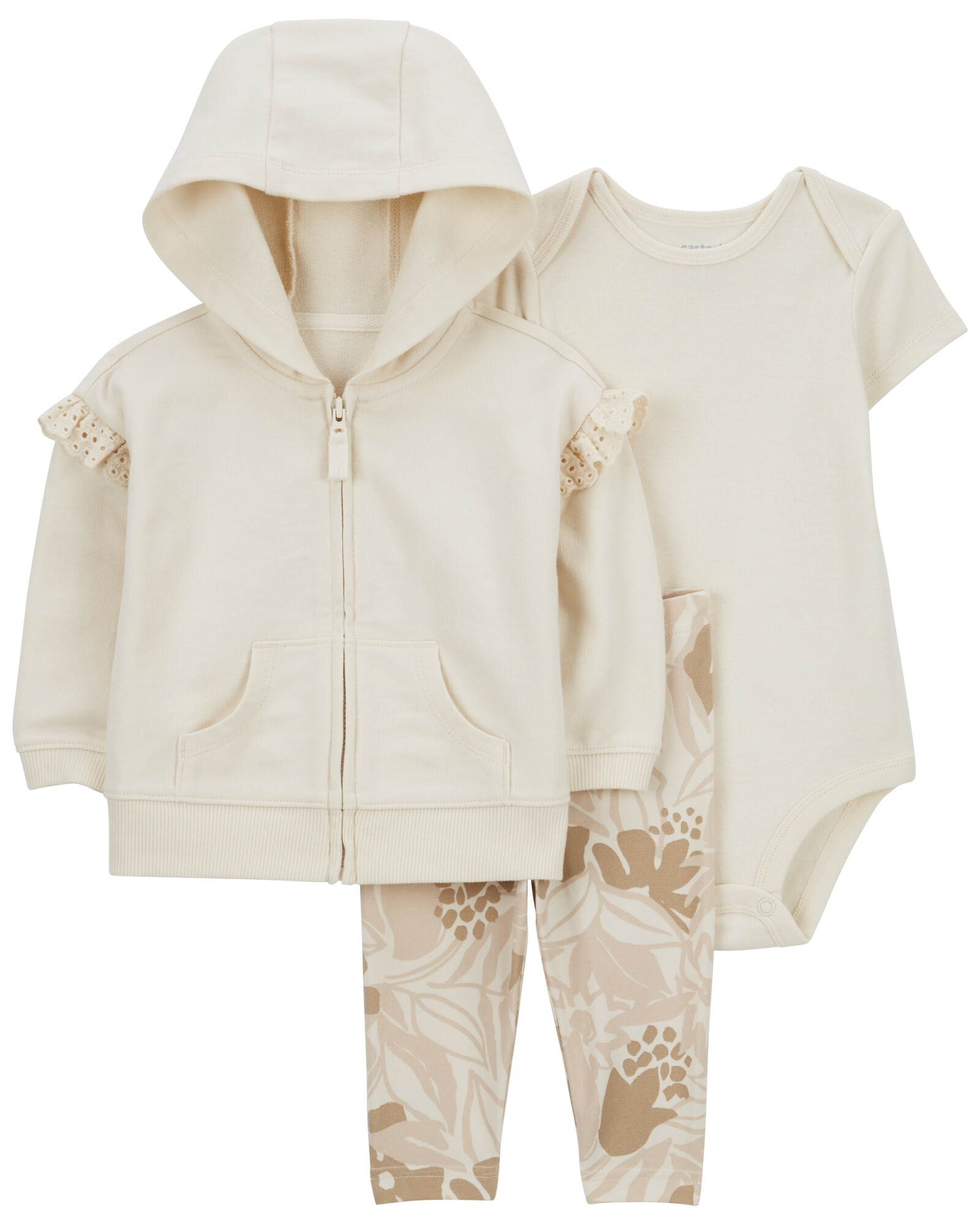 Set tres piezas de algodón, campera, calza y body crema Set tres piezas de algodón, campera, calza y body crema