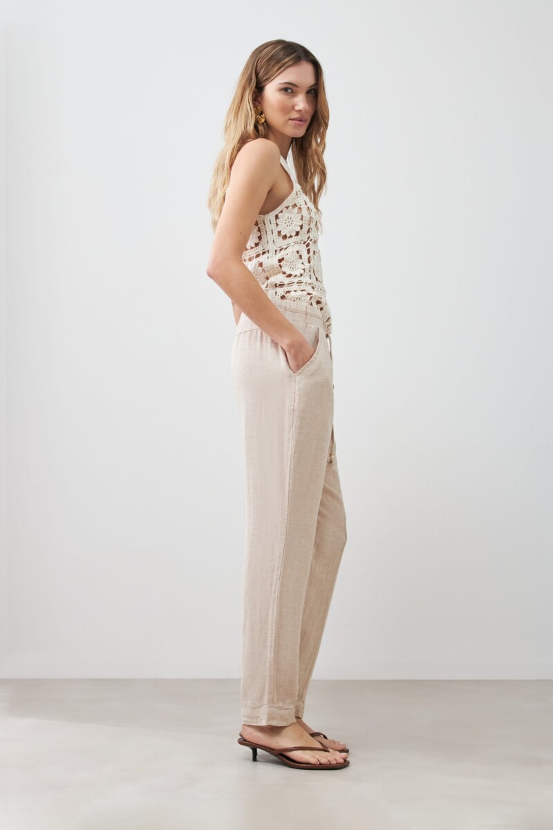 Pantalón pijama de lino con pespuntes en contraste beige melange