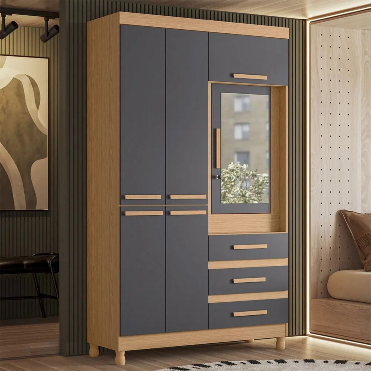 Ropero con Espejo 6 puertas 3 Caj - Fusión Infinite - Negro 