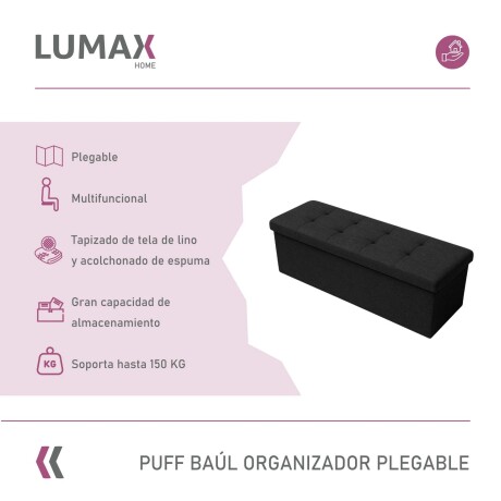 Puff Baúl Lumax Plegable 110x38 cm Organizador Living Dormitorio Negro