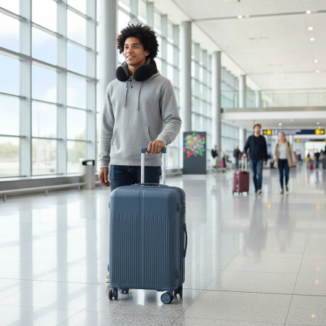 Set Valija Grande Rigida + Almohadón Cervical Memoria Negro Azul