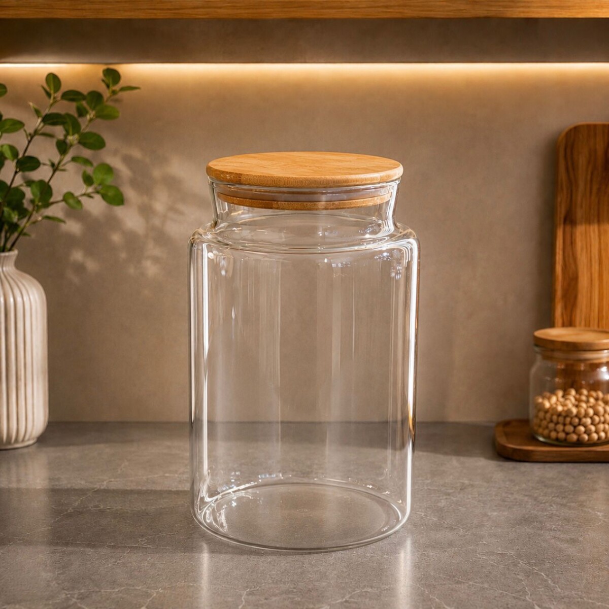 Frasco de Vidrio Grande con Tapa de Bambú 23cm Alto x 15cm Ø 