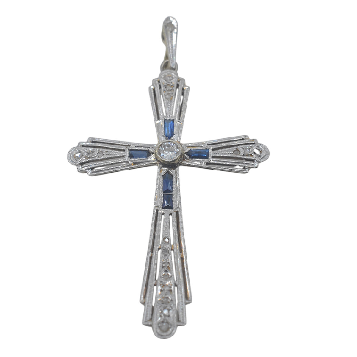 Cruz antigua en oro 18k con brillantes, diamantes y zafiros sintéticos 