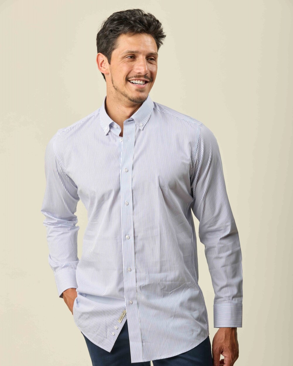 Camisa Sport Algodón Manga Larga Blanca Raya Azul