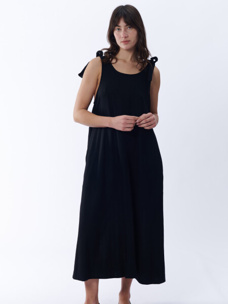 Vestido de lino largo con lazo Negro