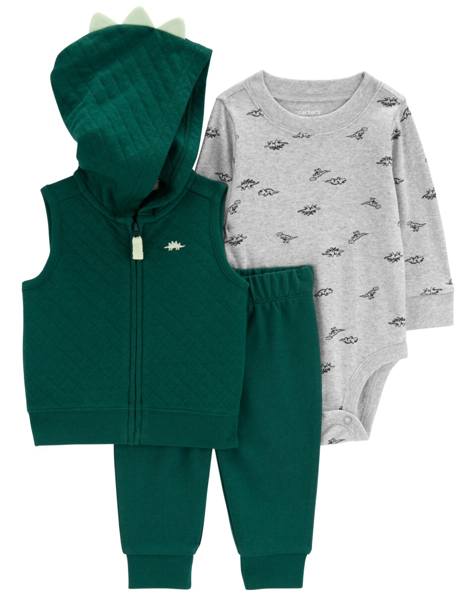 Set tres piezas de algodón, chaleco y pantalón capitoneados, más body, diseño dino 