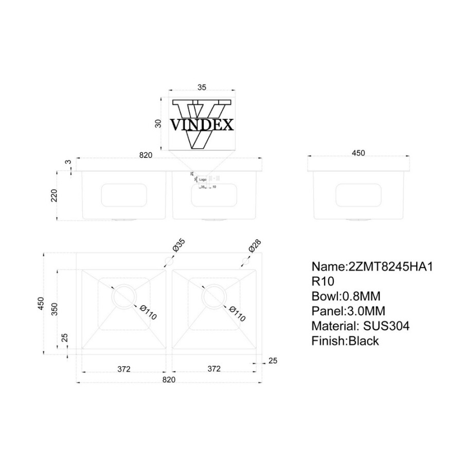 Vindex Pileta Doble Black 82 x 45 Cm Vindex Pileta Doble Black 82 x 45 Cm