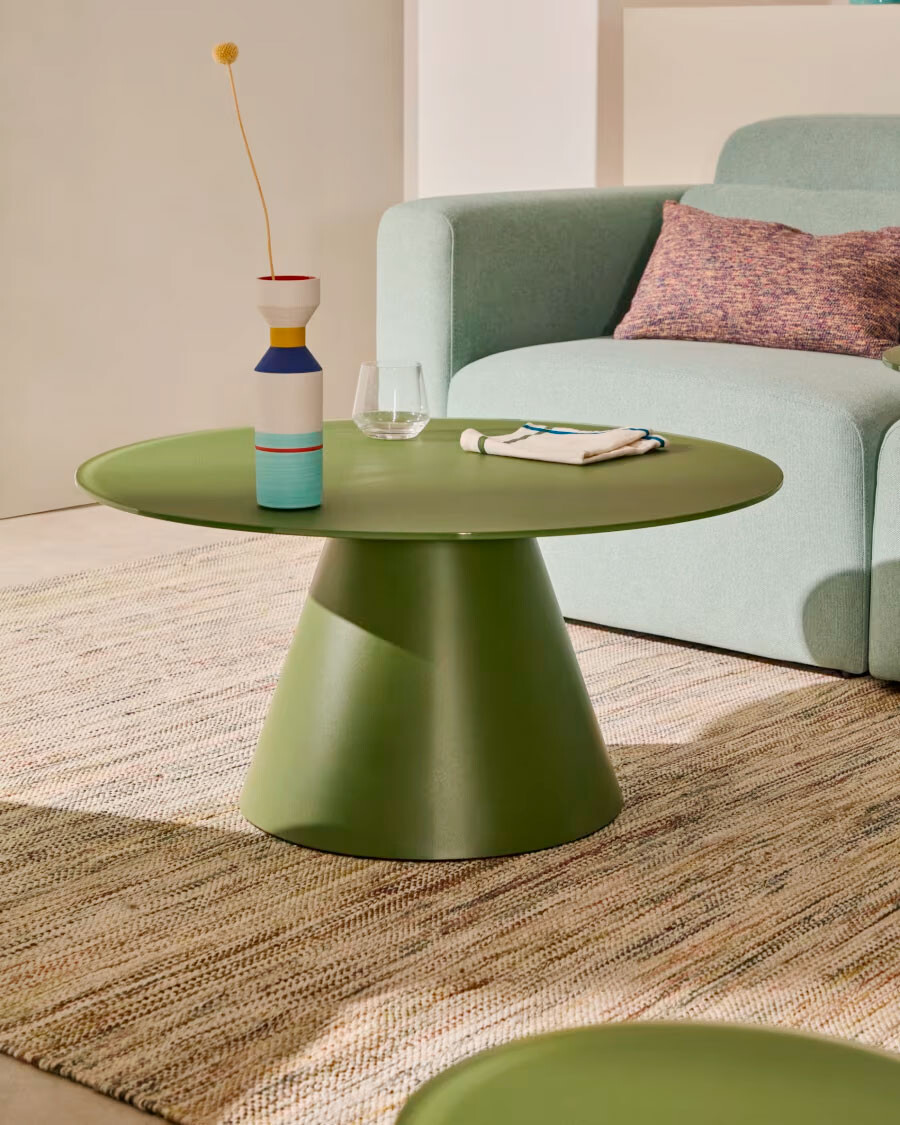 Mesa de centro Wilshire cristal templado glaseado y acero acabado pintado verde mate Ø80cm Mesa de centro Wilshire cristal templado glaseado y acero acabado pintado verde mate Ø80cm