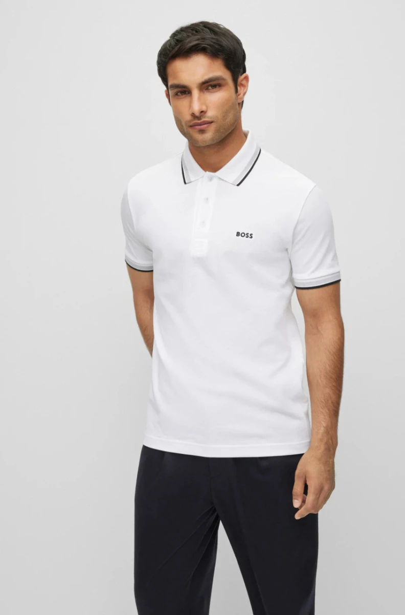 HUGO BOSS Polo de Algodón Piqué con Logo Contrastante - Blanco 