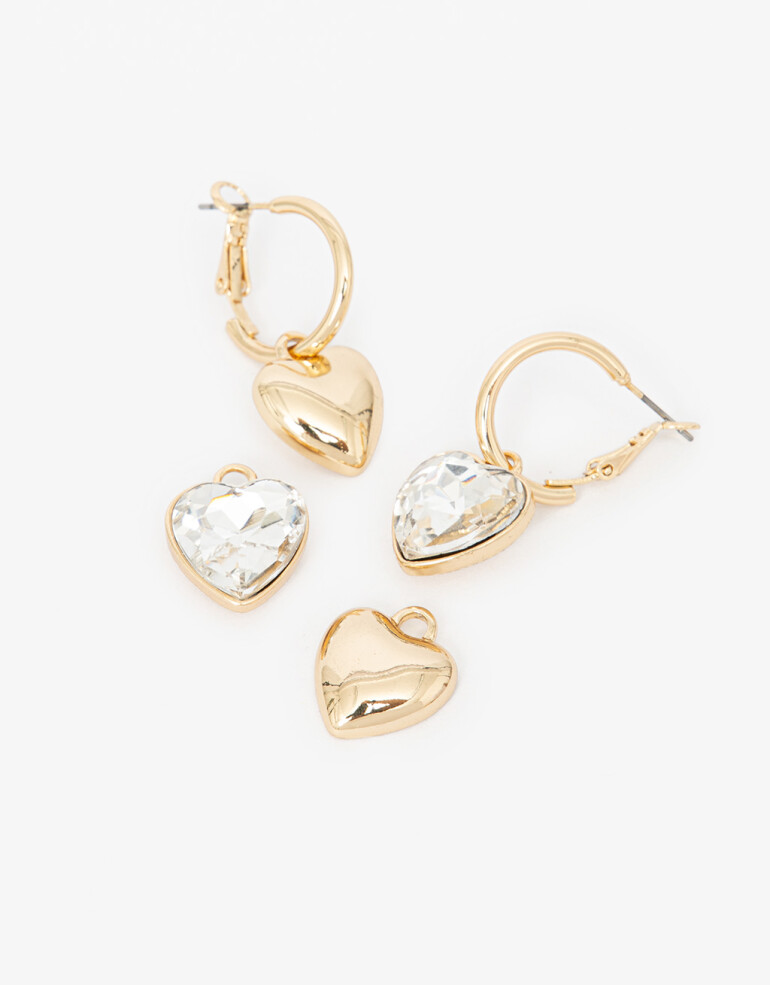 Aros Sets Strass Argollas Con Doble Dije De Corazón - Dorado