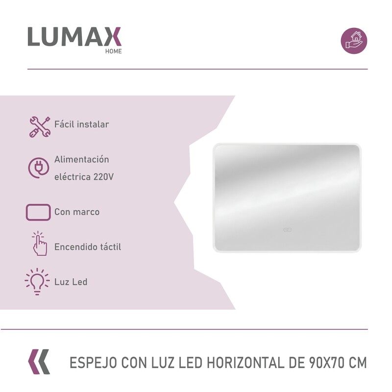 Espejo Horizontal Lumax Suleban c/marco y luz 90x70cm Blanco