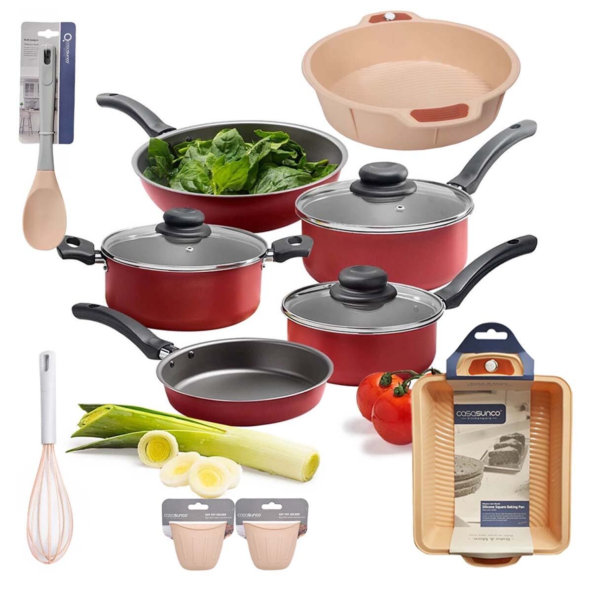 Set Cocina 11Pzas Juego Batería Brinox + Accesorios Silicona - Salmón 
