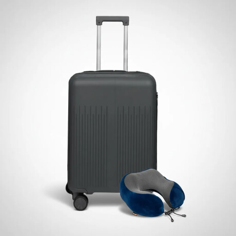 Set Valija Mediana Rígida + Almohadón Cervical Memoria Azul Gris Oscuro